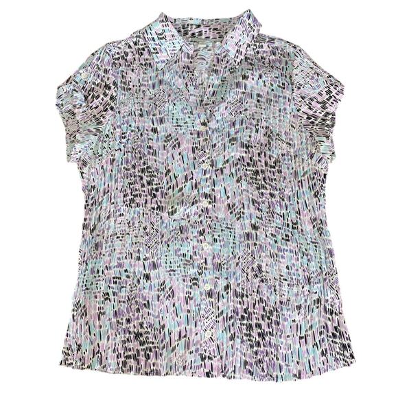 DressBarn Women's Micro Pleat Abstract Button Up Blouse 1X XL Multicolor Ruching - Picture 2 of 10